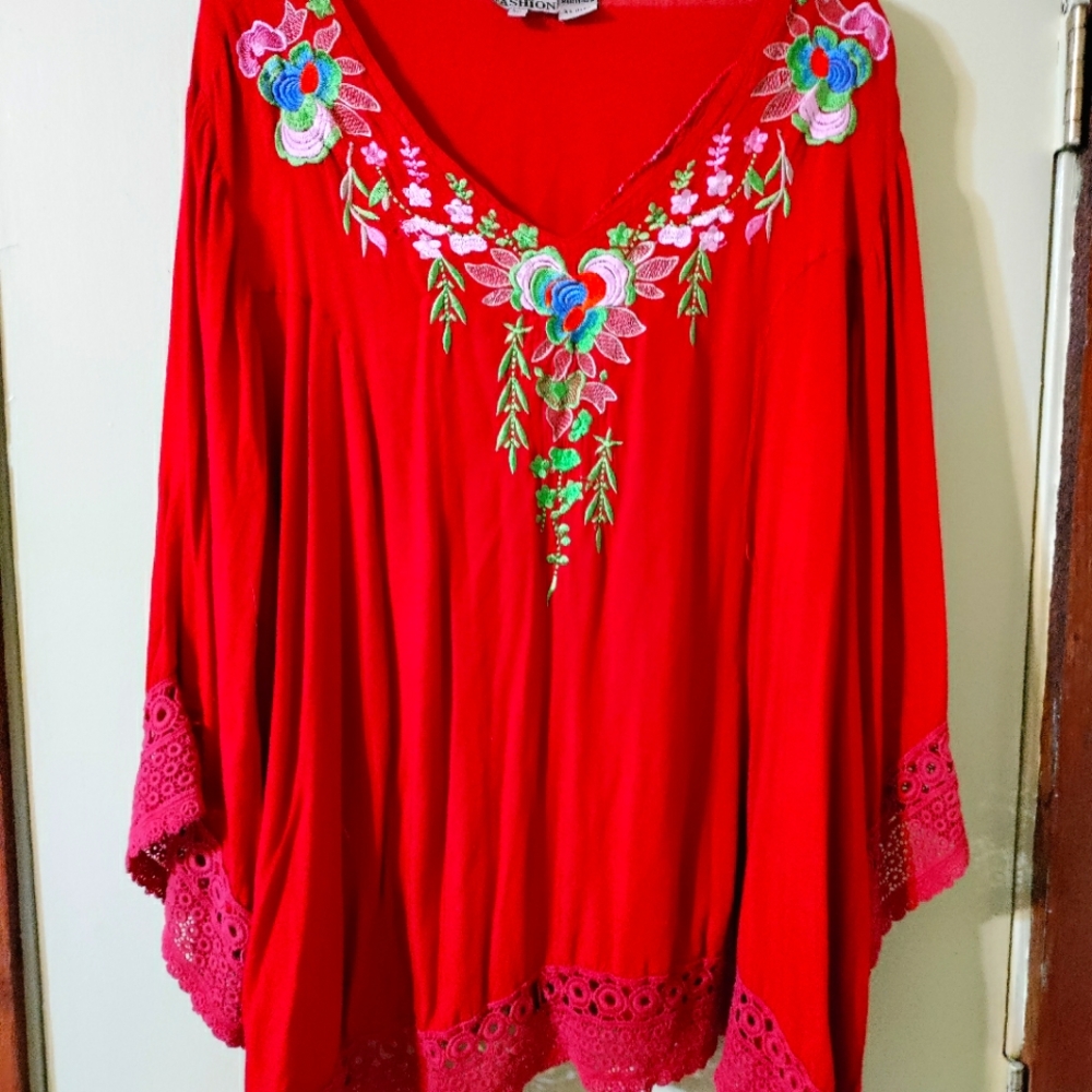 S.R. Fashion Red Embroidered Blouse 3XL